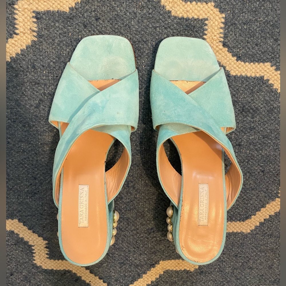 Tara Grinna Shoes - Blue Mules with Pearls